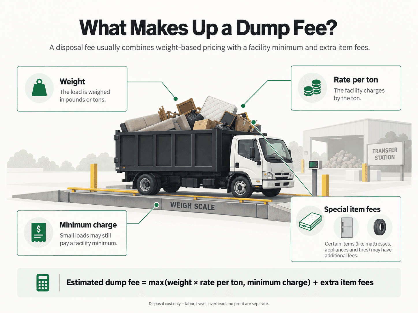 Visual explanation of junk removal dump fee methods, including weight-based landfill pricing, minimum disposal charges, and extra item fees